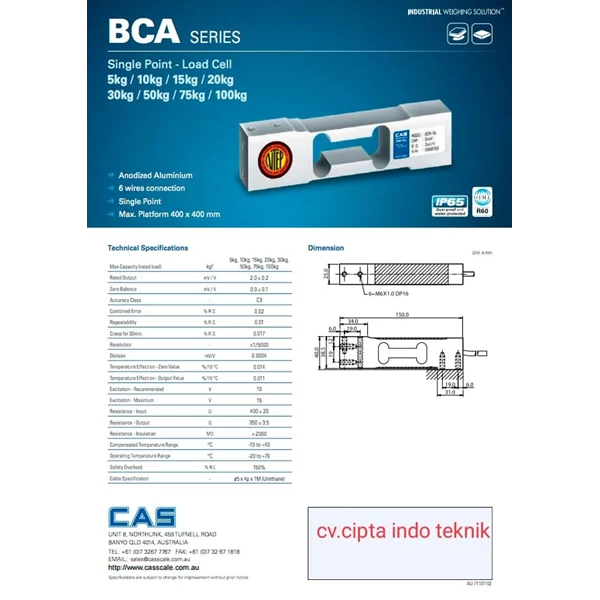 Load cell BCA Merk CAS Kapasitas 5 - 100 Kg 