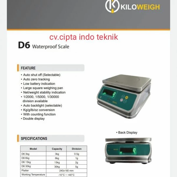 Timbangan Digital Kiloweigh Type D6 - 30 Kg x 2 Gram / Service + Tera 