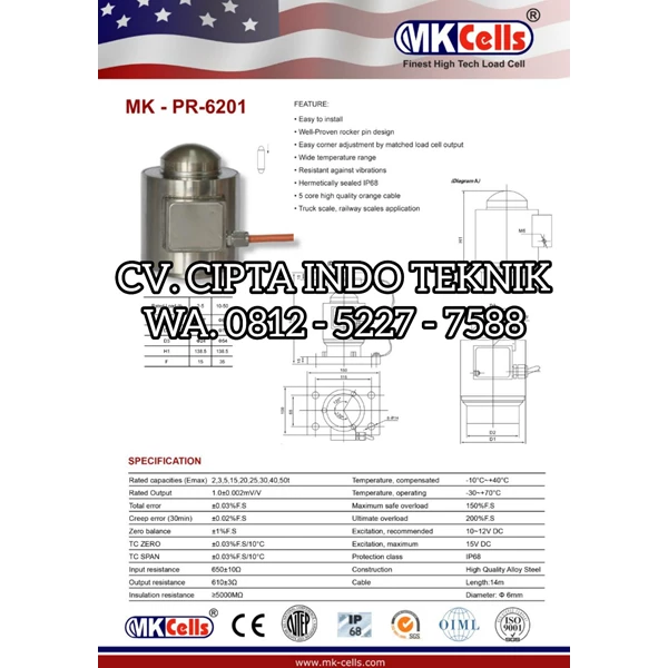 LOAD CELL MK CELLS TYPE MK - PR 6201 - 2 / 5 / 10 / 20 / 30 / 50 TON